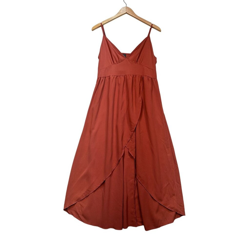 Womens Midi Sundress Large Rust Orange V-Neck Hi-Low Summer Chic Sleeveless